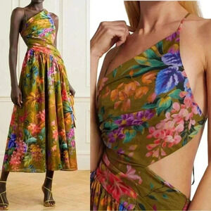 Zimmermann Tropicana Asymmetric Midi Dress Khaki Floral Cut Out 0P US 2 Cotton
